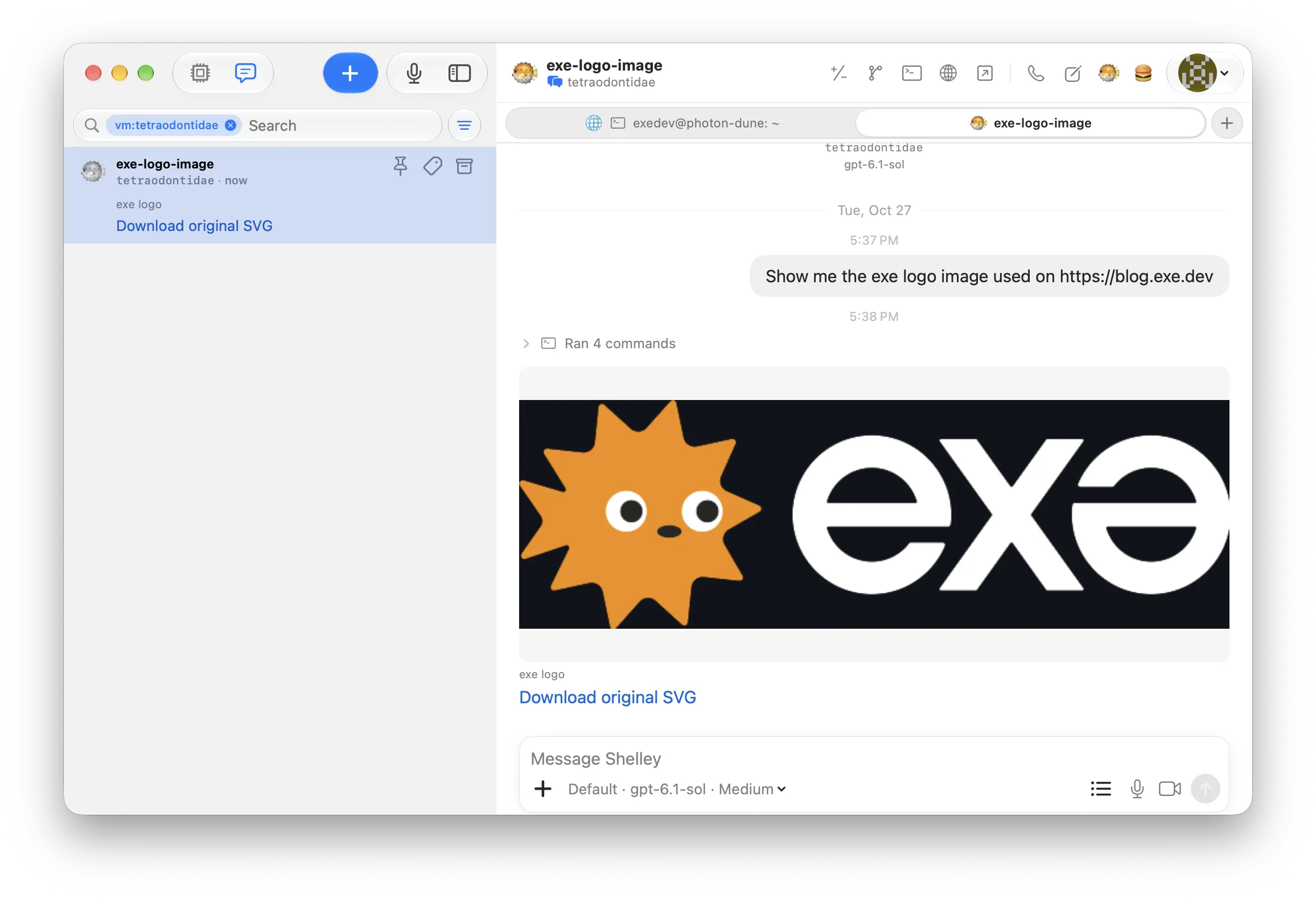 The exe.dev Mac app showing a Shelley conversation